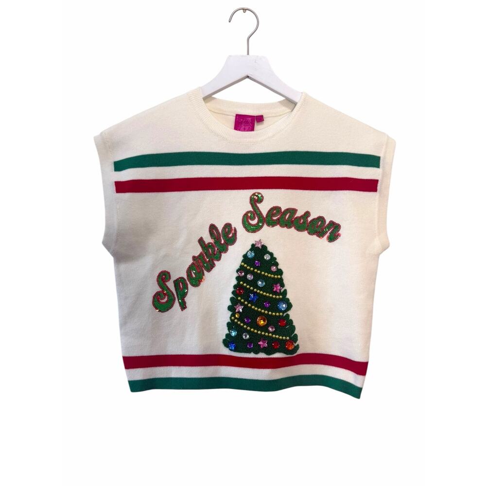 NWT Queen of Sparkle Sparkle Season Christmas Tree Sweater Vest Cream XS